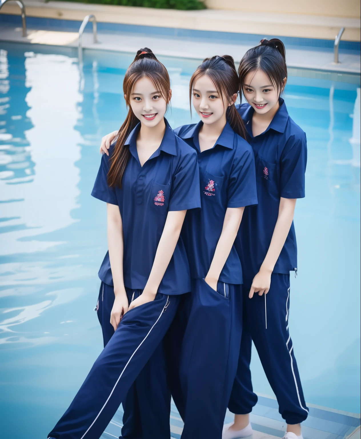 3 girls in the swimming pool, Navy blue short-sleeved shirt,Navy Long Trackpant,Sweatpants, Sweatpantsขายาว,25 year old girl, lesbian, sexy, exercise clothes, wet body, exercise clothes