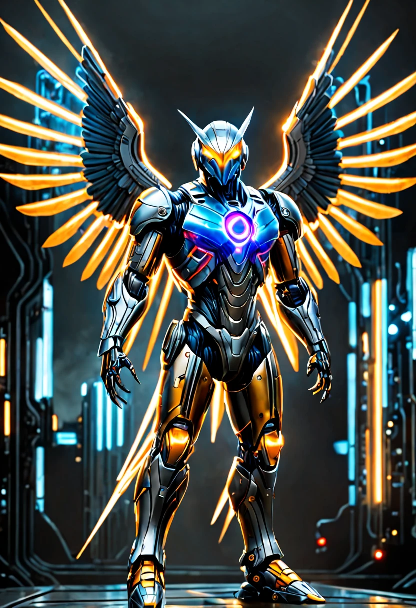 (((One cyborg starling bird))) sleek (aerodynamic). The ray-traced ((shiny metallic)) photo-realistic bird spreads two large wings to fly with open beak, ((symmetrical tail fanned)) out. The background is a dark neon futuristic city or mountains. Circuit traces everywhere, circuitry on the cyborg bird's head, and plasma stream trails. The bird is robotic, shiny metal body panels, and cables on ((two bird legs)) talons reaching forward to grab something. Illuminated symmetrical bird wings, cyan-blue between panels. The sky and clouds contrasts of light and dark, moonlit night. The wings are in-frame.