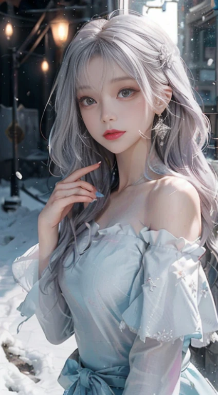 ((best qualtiy)), ((tmasterpiece)), (detail:1.4), Beautiful cyberpunk Japan woman image,sixteen years old, nffsw(HighDynamicRange),Ray traching,NVIDIA RTX,Hyper-Resolution,illusory 5,Sub-surface scattering,PBR Textures,post processed,Anisotropy Filtering,depth of fields,maximum definition and sharpness,multi-layer texture,Albedo e mapas Speculares,Surface Coloring,Mitsu-Accurate simulation of material interactions,Perfectly proportioned,rendering by octane,Two-colored light,Large aperture,Low ISO,White Balance,Rule three points、8K raw data、Beautiful bright red pupils,Off-the-shoulder clothing,Fine pupils,Delicate face and eyes,long eyelasher,Blushlush,Delicate and fluffy hair,Light blue gradient on gray hair,lip,pure,Cute face,Sweet girl,Artistic sense,Casual wear,Advanced Sense,Snowflake,flower petals,Snowflake,Briar snow background, Beautiful Hair Accessories,long hair and waist,Hair fluttering in the wind,Snow White cat ears, Curly