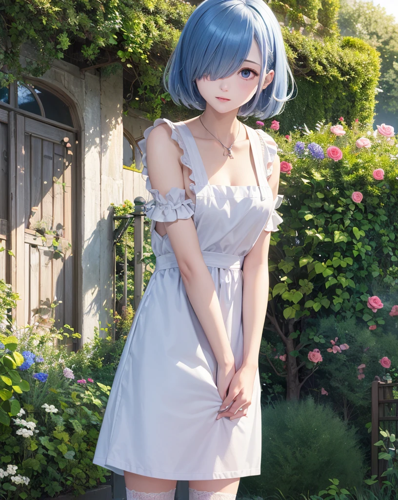 masterpiece, highest quality, super detailed, figure, epic lighting, cinematic composition, colorful, sharp:1.3, 1 girl, Againm_\(Again:zero\), medium bAgainasts, blue hair, short hair, (hair over one eye:1.3), eye_appear_through_hair, blue eye, rose-colored swallow_mansion_Maid undressed_uniform, apron, white stockings, garter strap, Are standing, Upper body, outdoor, mansion, summer, garden, flowers, tAgaines, Grass, bushes, sunlight, (extAgainmely detailed CG:1.2), (8K:1.1),Peeing、Peeing、incontinence、incontinence、blush、涙eye、
