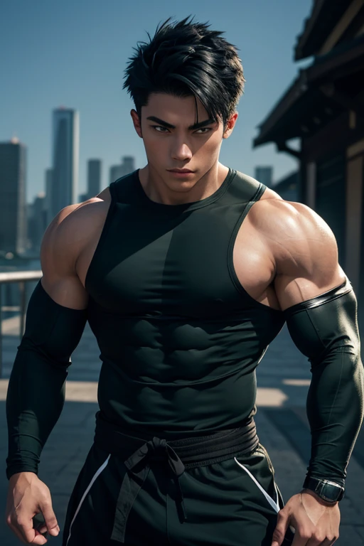 (Ultra realistic, intricate details, photorealistic, 8K HD, dim lightings), Detailed realistic, a handsome vietnamese muscular young boy, powerful and intimidating, bodybuilder, godly presence, young god|tarzan, teenager face, beautiful, smooth dark brown hair, detailed eyes, smirking, confident, huge muscles, wearing tight black leather gym tank top,wearing black spandex leggings,perfect hands, (realistic skin, tanned skin), puffy nipples, outdoors, dark magical forest, fireflies