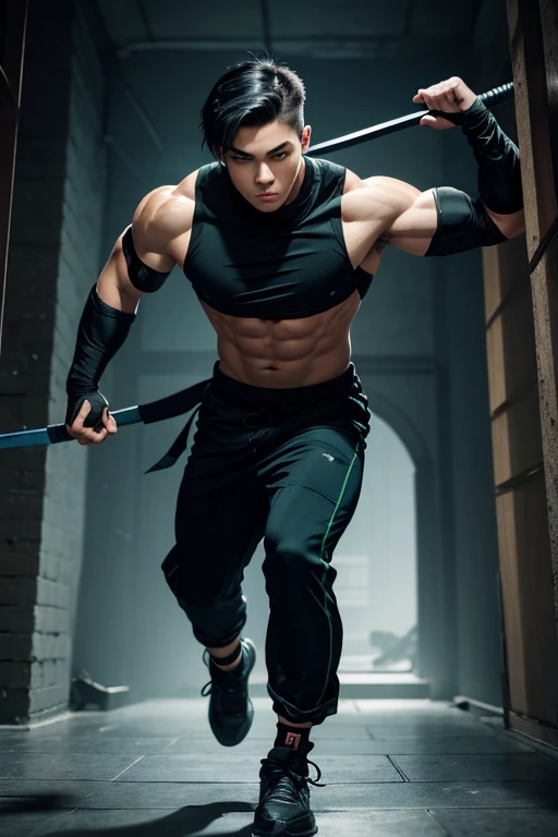 a young male ninja, 18 years old, American, athletic and well-muscled body, green eyes, short black hair, blue and black ninja clothes