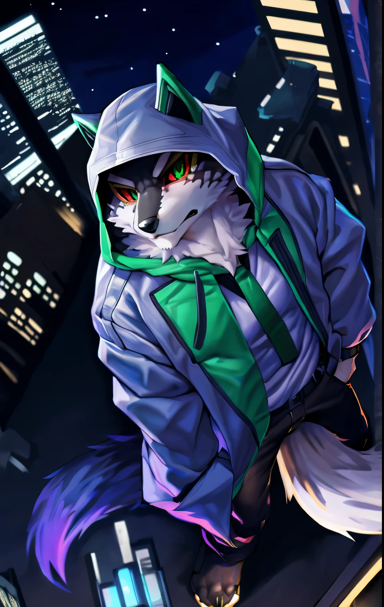 monomasa, furry, male, solo focus, wolf, tail, by kiyosan, by yupa, by Pino Daeni, (by null-ghost:0.8), (by drks:0.2), white hooded coat, hood up, pants, detailed eyes, black pupils, green eyes, red sclera, (yellow eyeshadow:0.8), cityscape, night, high-angle view, close-up, 