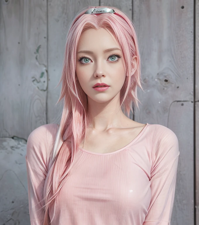 young woman, white skin, long bubblegum pink hair, wide forehead, pink eyebrows, large emerald green eyes, upturned nose, thick red lips, heart-shaped face, white clothing, high detail, sharp focus, Sakura Haruno, realistic, realism , 3d