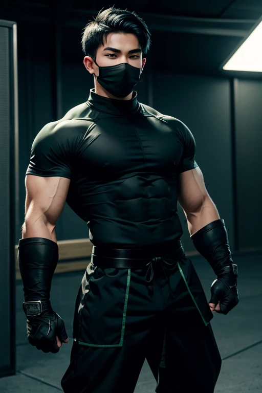 a young male ninja, 18 years old, American, athletic and well-muscled body, green eyes, short black hair, blue and black ninja clothes