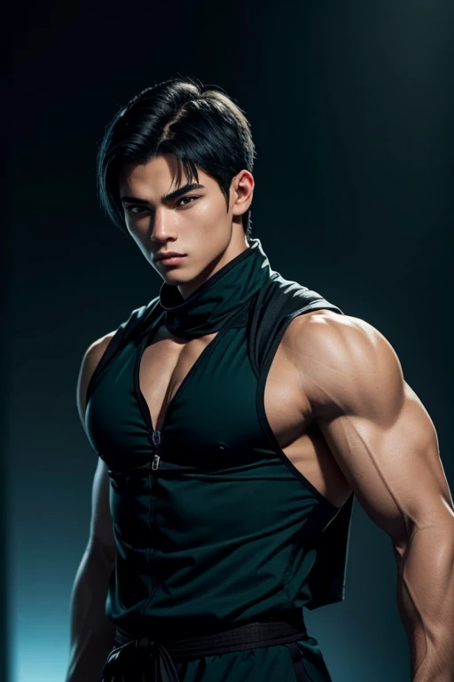 a young male ninja, 18 years old, American, athletic and well-muscled body, green eyes, short black hair, blue and black ninja clothes
