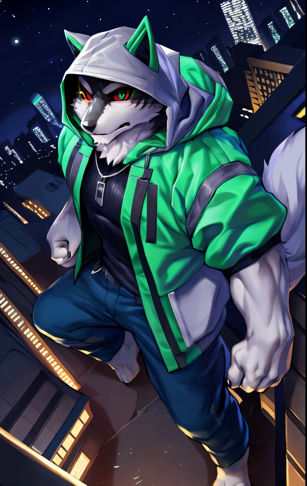 monomasa, furry, male, solo focus, wolf, tail, by kiyosan, by yupa, by Pino Daeni, (by null-ghost:0.8), (by drks:0.2), white hooded coat, hood up, pants, detailed eyes, black pupils, green eyes, red sclera, (yellow eyeshadow:0.8), cityscape, night, high-angle view, close-up, 