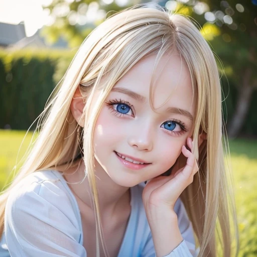 shiny skin、 Very cute and beautiful face、Very shiny and beautiful skin、very beautiful and cute pale blue eyes、beautiful very long shiny silky blonde hair、(10 years old)、one small very beautiful cute girl、Beautiful cute bright look、Clear double eyelids、((Very happy smile))