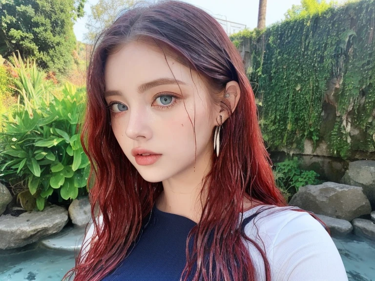 1 miniature Beautiful handsome woman, ((top quality, 8k, masterpiece:1.retty woman, 1woman, huge breasts:1.3, slender figure:1.1, elastic red long hair, (shower, wet body, wet clothes:1.1), very detailed face, detailed lips, detailed eyes, double eyelids, detailed blue eyes, extremely detailed outstanding blue eyes, red wet hair, red wet hair, detailed outstanding BLUE EYES, innocent stare at the viewer, extremely wet wavy red hair, detailed outstanding BLUE EYES, raining outside, huge earrings, Oasis, Waterfall, naked breasts, swimming in water