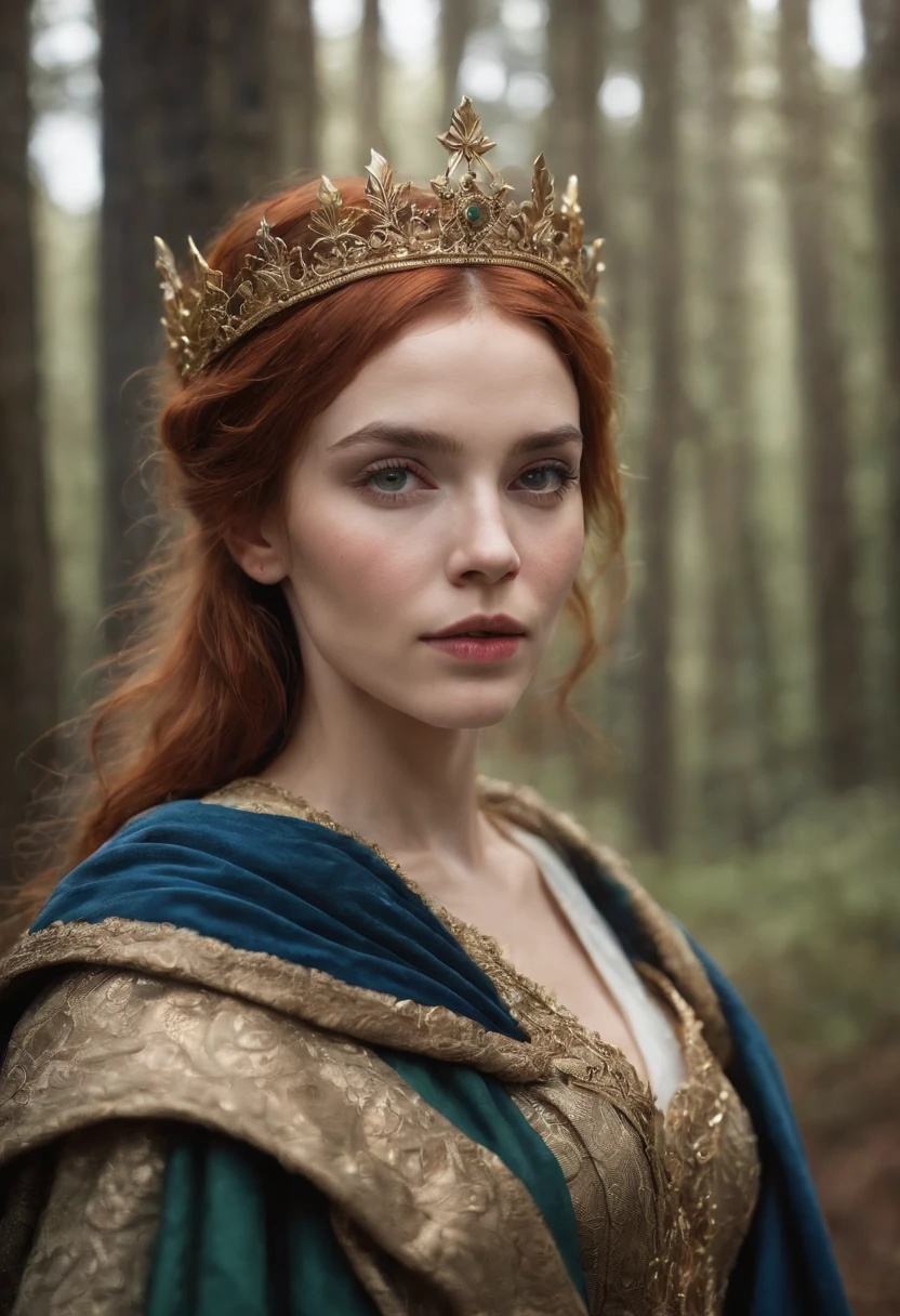 Woman with an ice tiara on her head and a navy blue winter cloak with golden details, RPG personagem, Medieval era,Mulher elfa. Red-haired Elf, Blue Eyes,Forest Elf, Moss Green Armor,soft illumination,Standing in the middle of the forest,Dense forest, fantastic setting,Daylight,Sunlight,Warm color enhancements,Blue and yellow green palette, Guweiz style artwork, extremely detailed artgerm, detailed castle background, hyper detailed, by lee jeffries, ultra-detalhado, (pele altamente detalhada: 1.2), 8k UHD, DSLR, soft ilumination, alta qualidade,modelo ig | artgerm,rossdraws, obra de arte no estilo de guweiz, foto sincera POV, por lee jeffries, Nikon d850, filme fotografia de estoque ,4 kodak portra 400, F1 camera lens,cores ricas, hiper realista, textura realista, lighting dramatic, cinestill 800