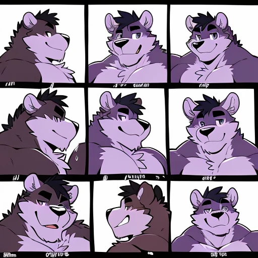 by takemoto arashi, (character expressions sheet, character busts, front view, side view, rear view), (1boy), solo, male anthro, kemono, (lavender bear), short purple Mohawk with white stripes, dark stripes around chest, one dark purple stripe on back,(brown torso), (round face, big head), stocky, short stature, chubby, muscle, hunk, sexy, bara, handsome boy, (detailed hazel eyes), (masterpiece, high res, best quality), 4k, soft skin, warm color