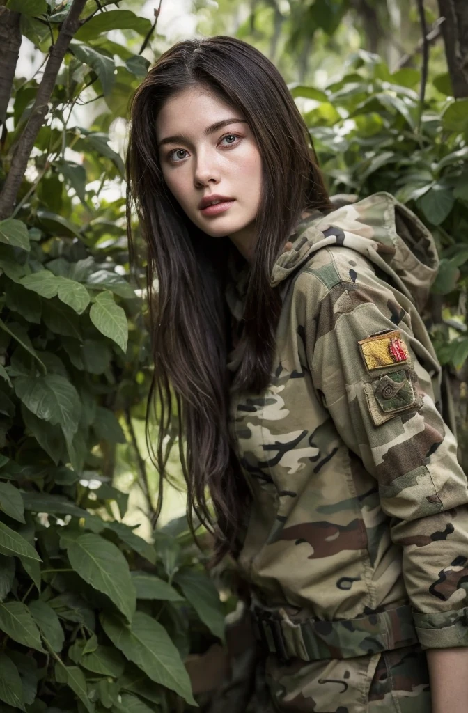 4K image of female sniper hiding in leaves..., Put on a Gilly outfit..., Wear Sniper Ghillie camouflage., Dark color, Masterpiece, Soft light and atmosphere, (god rays)