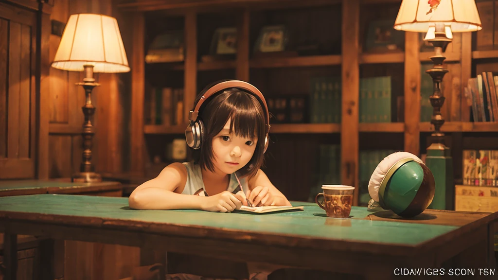 anime　picture　Ghibli style　　room　cocoa　girls　headphone