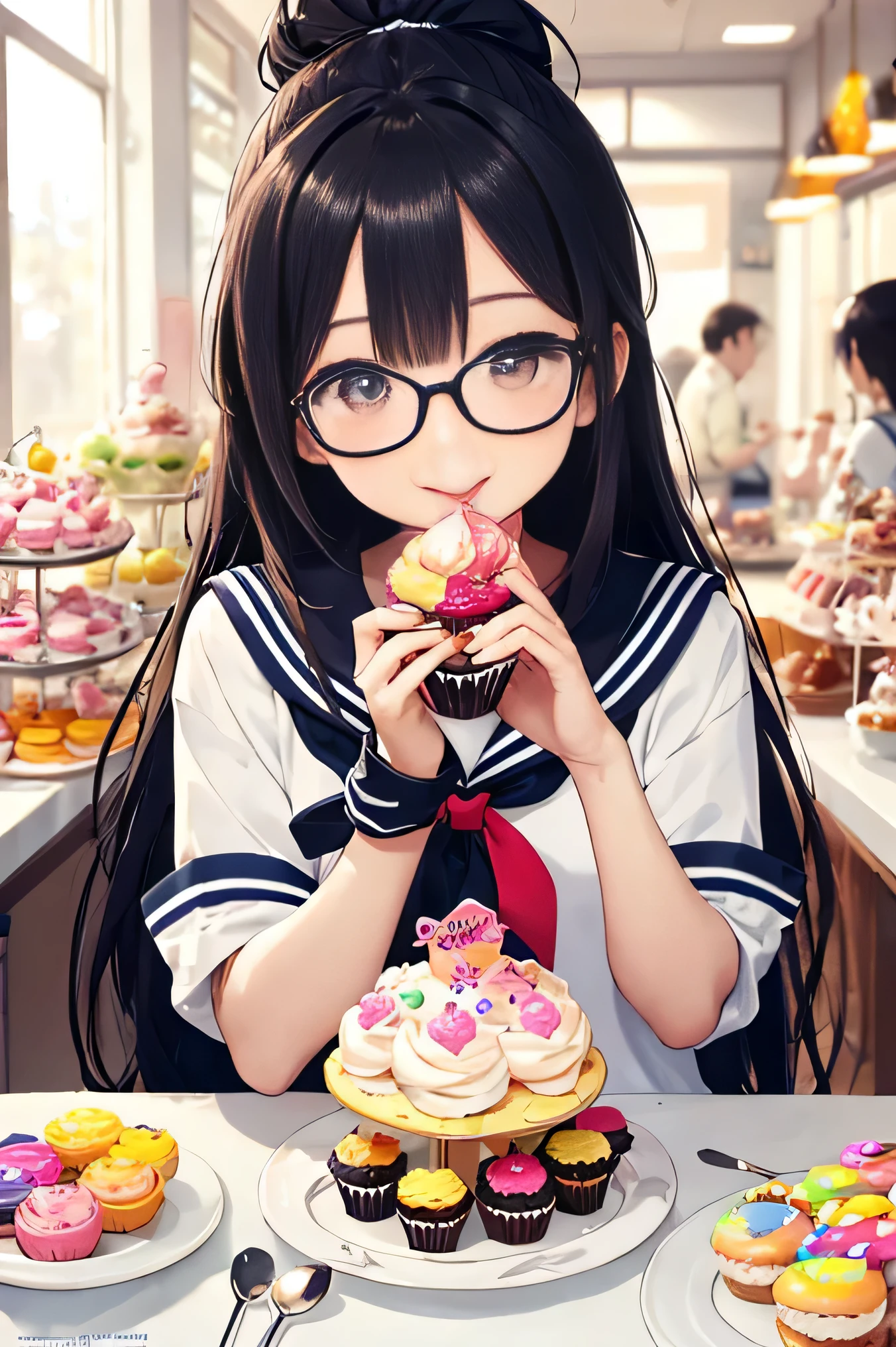 highest quality、High resolution、8K、cute beauty、detailed background、beautiful and detailed face、beautiful and smooth skin、skin texture、Beautiful teenage girl、(multiple women)、Eat happily、Look at me eating happily、cuteセーラー服、ponytail、Black square glasses 、
Colorful macarons、cute佇まいで、It is a sweet that you can enjoy sweetness..。Available in a variety of flavors and colors。
Cupcakes featuring frosting and colorful toppings、Sweets with a cute design that you can enjoy。
ice cream and fruit layers、Parfait layered with jelly etc..、Attractive colorful and cute appearance。
Donuts decorated with colorful icing and toppings、cute、Popular sweets that you can enjoy sweetness.。
Tart topped with colorful fruits、見た目も華やかでcuteスイーツ。
