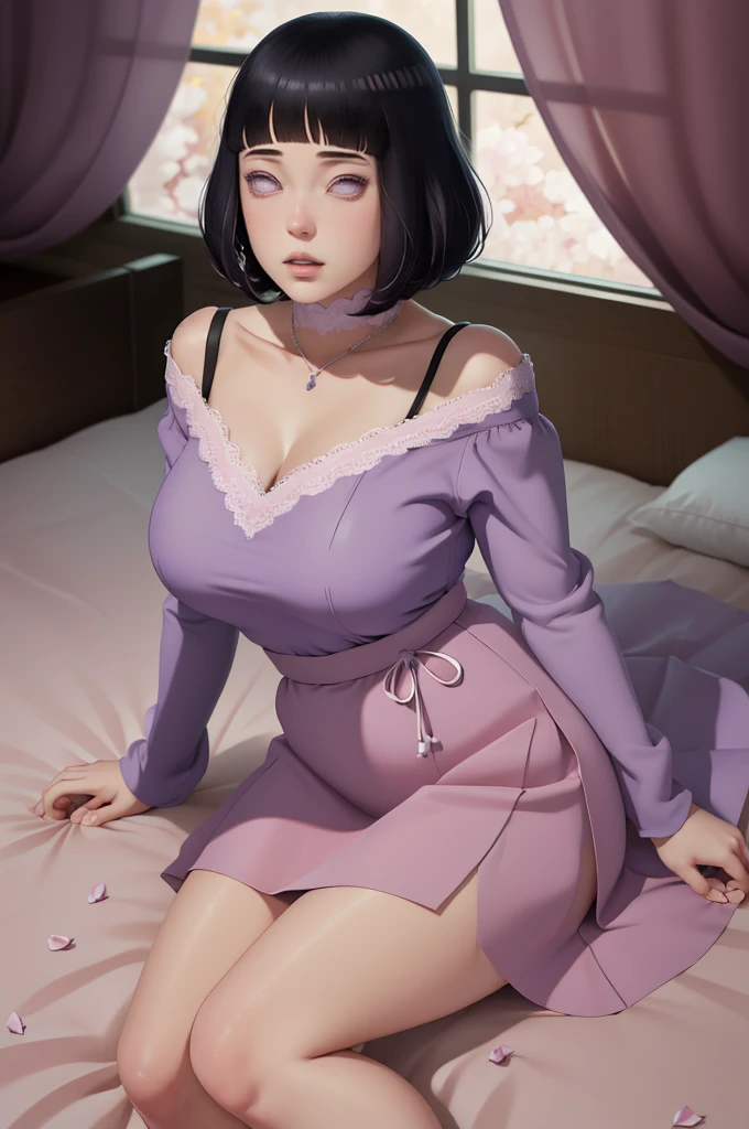 (masterpiece) (huge titusty, masterpiece, absurdres, hinata\(boruto\), 1girl, solo,mature female, off-shoulder bra, high waist short skirt, looking at viewelling petals), perfect composition, detailed lips, big breast, beautiful face, body propotion, blush, (pink lips), short hair, (black hair), purple eyes, soft gaze, super realistic, detailed, photoshoot, realistic face and body, closed mouth, laying on the bed , lilac eyes, full body, lace clothes,