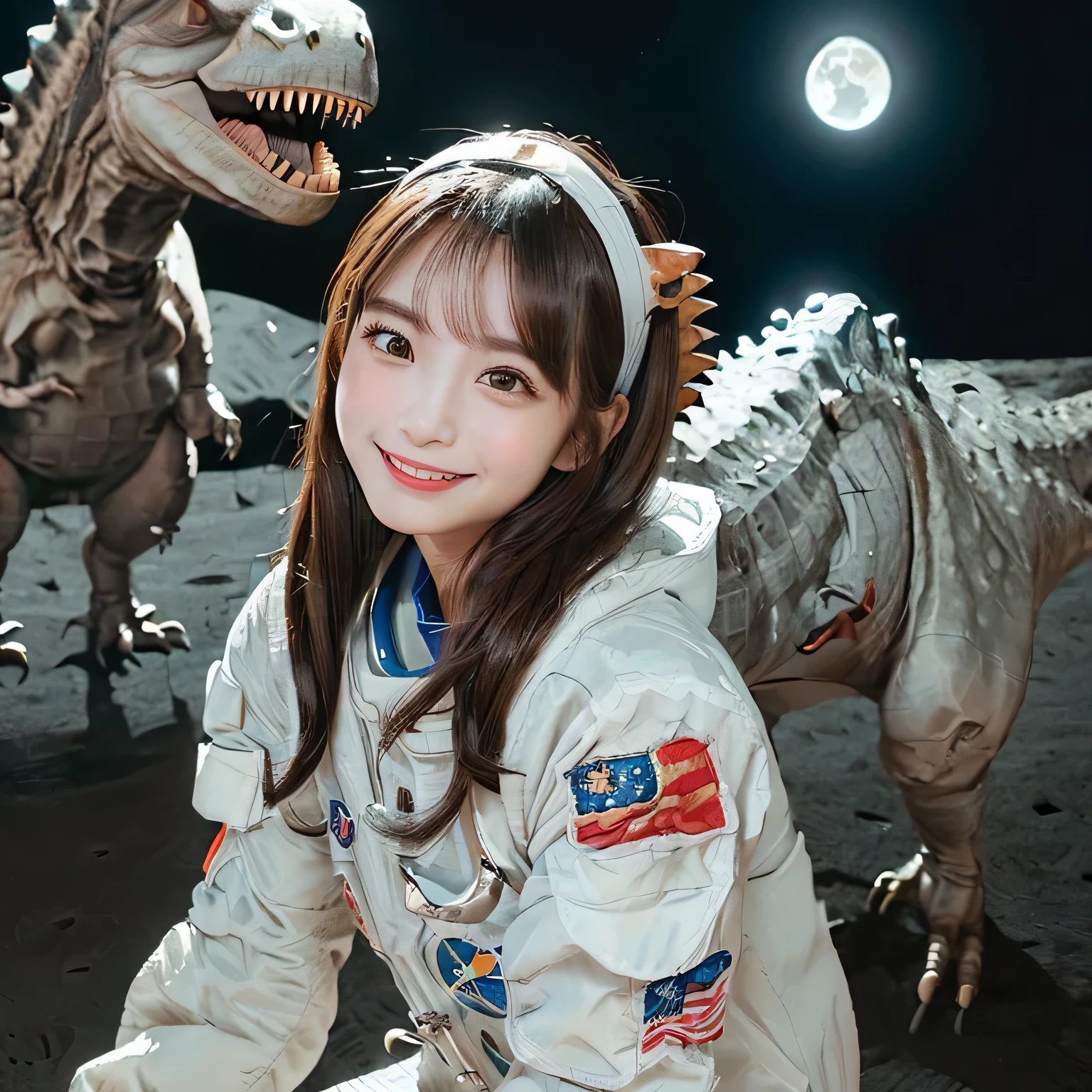 (Girl and dinosaurs  on the moon:1.5) ,(landing on the moon:1.2),(dinosaurs:1.2),original photography,(ultimate beauty portrait、sparkling skin、1 girl、Smile、bright expression、brown hair、Big eyes sparkling like gems、Harajuku、24 year old beautiful girl),space suit,Flag of China ，Very detailed