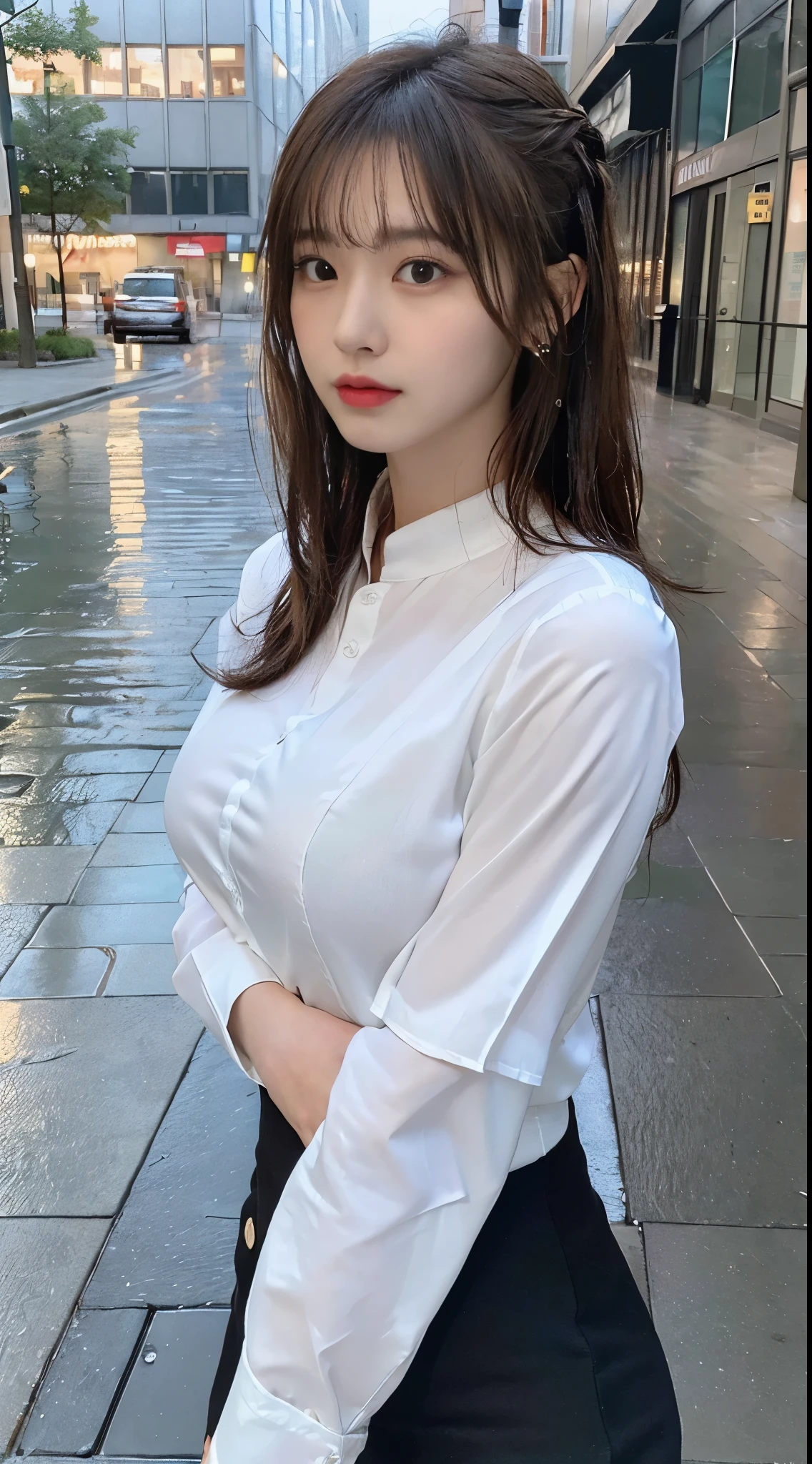 best quality, masterpiece, ultra-detailed, detailed light, (RAW photo:1.2), (photorealistic:1.4),(masterpiece:1.3),(best quality:1.4), dramatic lightning, 1girl, solo, look at viewer, waist up, wavy hair, long hair, collared shirt, skirt, fashion accessory