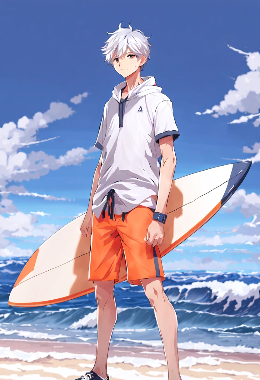 Wallpaper phone,masterpiece,best quality,8K quality,unparalleled clarity,best strokes,exquisite eyes,Exquisite facial features,full body character,panoramic, delicate face,Boys have very thin fingers,sports student,Handsome boy,charming,12 years old,Shota,abdominal muscles(0.5),anime characters,white fox ears,heterochromatic eyes,look at the audience,sneering,male focus,Gray hair is messy,Surfing at the beach,Wear tight tops,orange short pants,The crotch is very big,Look from the bottom up,Clear background image