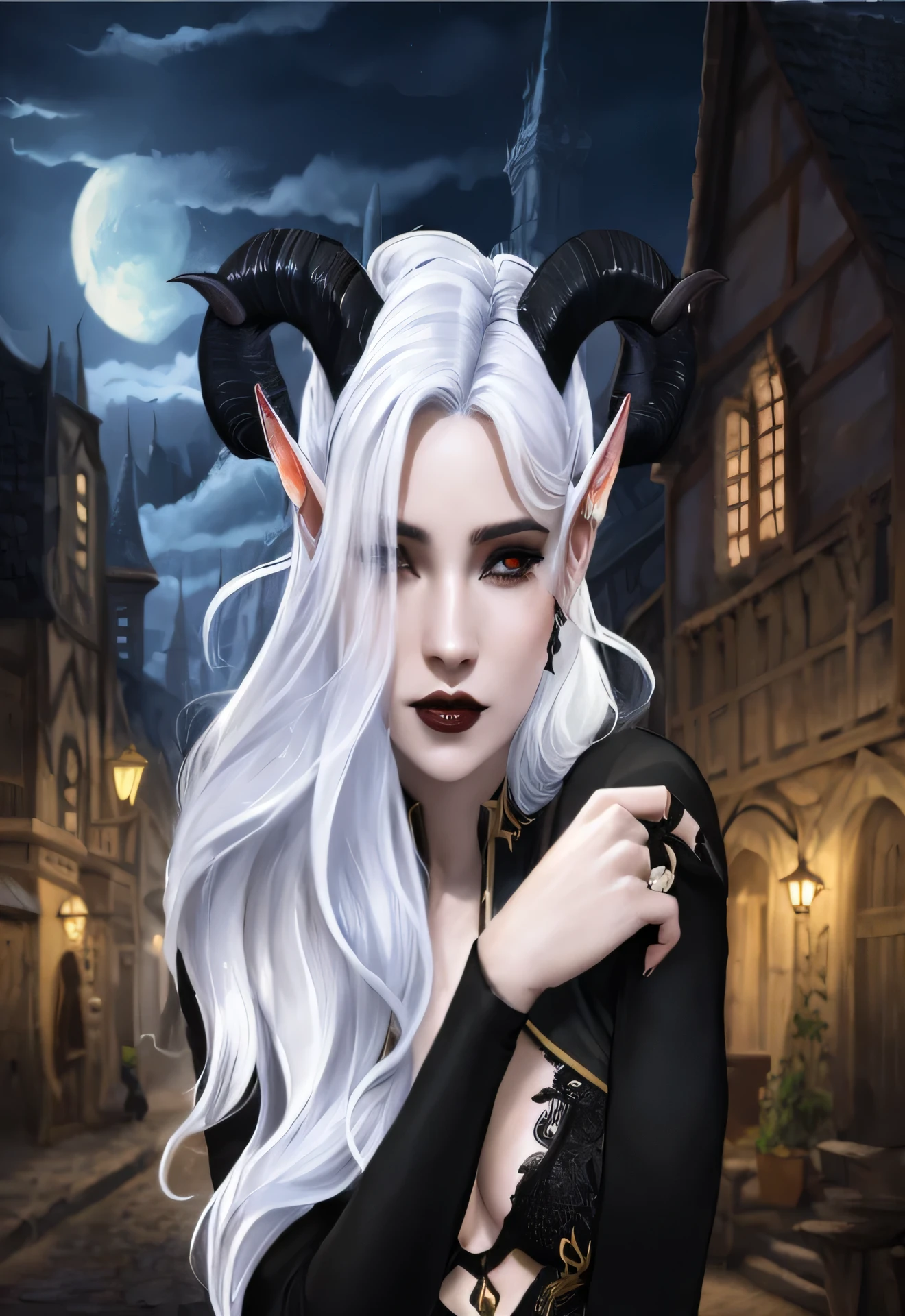 um close up de uma mulher com chifres e um vestido preto, Junto | medieval, vampire of clan lasombra, personagem bruxa negra, white horns queen demon, epic estilo de arte fantasia hd, fantasia de vampiros, estilo de arte fantasia, Gothic city streets behind her, gothic fantasy art, retrato lateral bruxa escura, arte de estilo fantasia sombria, bonita necromante