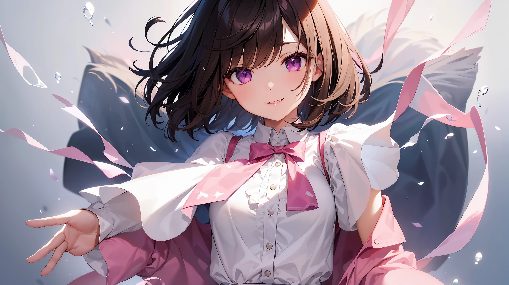 very cute girl、dark brown hair、bob cut、short hair、Violet eyes、smile、Crystal clear white skin、white blouse、pink cardigan、Red skirt、Black knee-high、whole body、grassland。