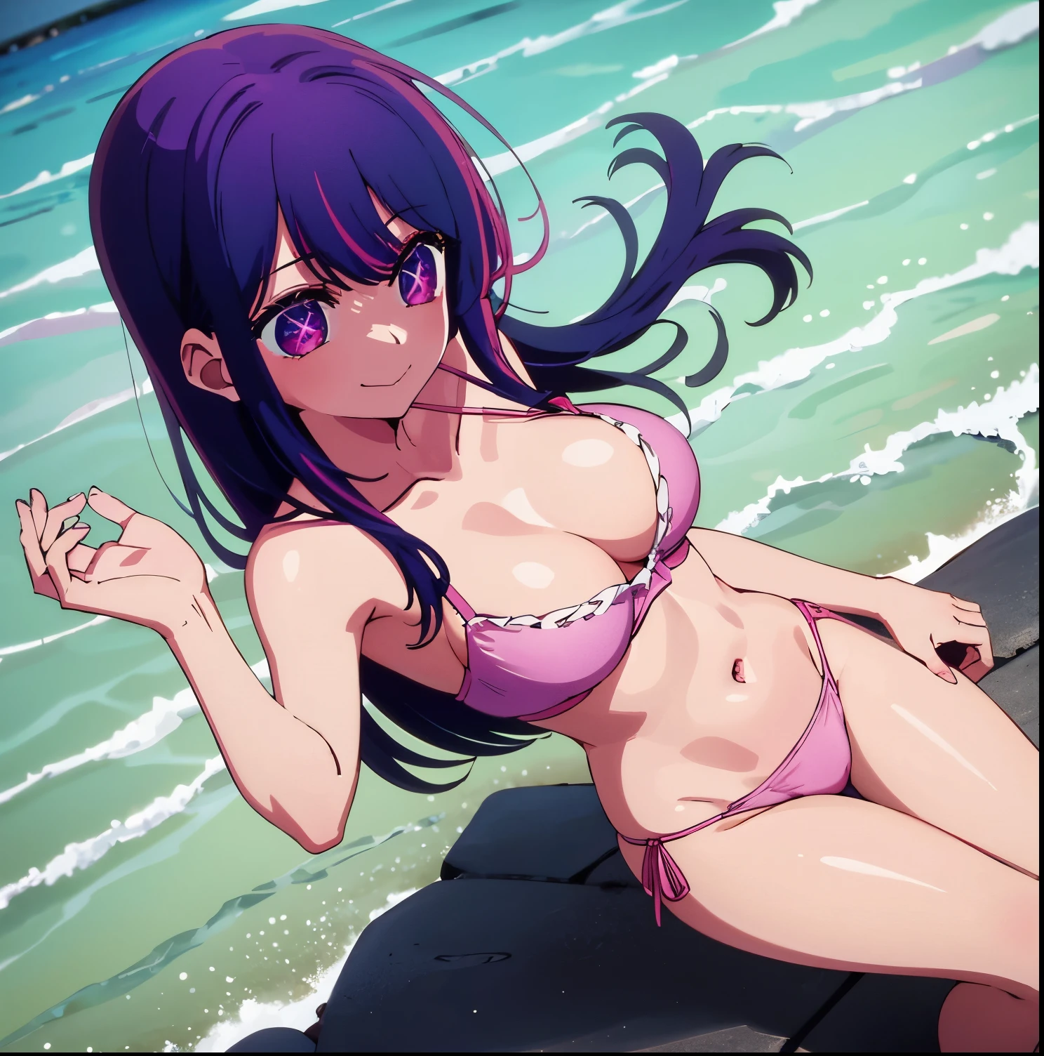 1girl, alone, Ai Hoshino, masterpiece、very detailed、(1 girl in:1.2)、purple hair、pink bikini、pink bra, pink thong, big purple eyes、star pupil, embarrassed, seductive, close-up、 A smile、8k、big breasts, medium waist, wide hips, medium thighs, beach, sea, lying on the sand, legs crossed, pov (from above),