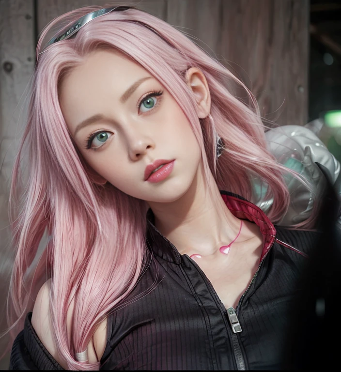 young woman, white skin, long bubblegum pink hair, wide forehead, pink eyebrows, large emerald green eyes, upturned nose, thick red lips, heart-shaped face, black clothing, high detail, sharp focus, Sakura Haruno, realistic, realism , 3d