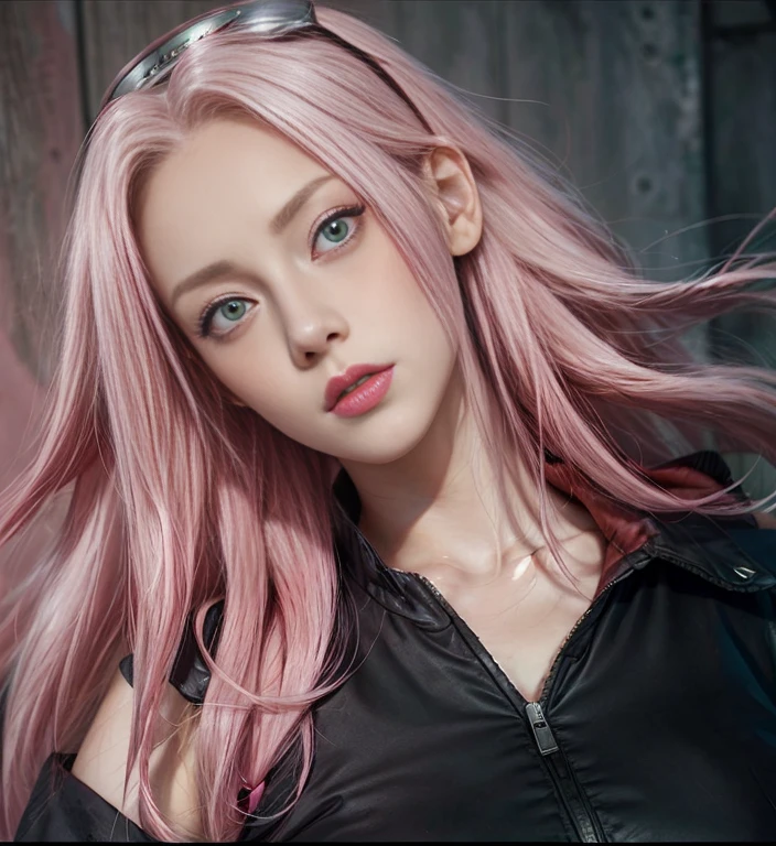 young woman, white skin, long bubblegum pink hair, wide forehead, pink eyebrows, large emerald green eyes, upturned nose, thick red lips, heart-shaped face, black clothing, high detail, sharp focus, Sakura Haruno, realistic, realism , 3d