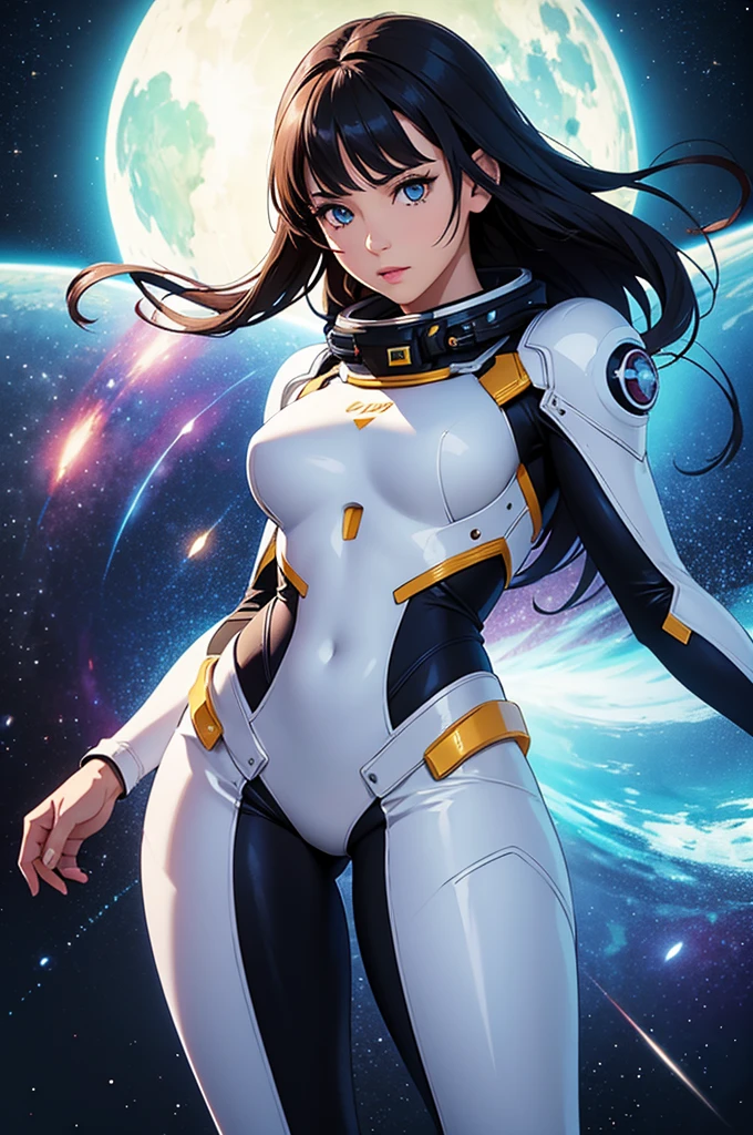 (best quality,4k,8k,highres,masterpiece:1.2),ultra-detailed,(realistic,photorealistic,photo-realistic:1.37),anime girl fantasy,sci-fi,space suit,big,front view,solo photo,thick hair,thick thighs,standing,thick legs,colorful,powerful lighting,deeper shadows,sharp focus,detailed facial features,sparkling eyes,stylish outfit,vibrant colors,background with celestial elements.