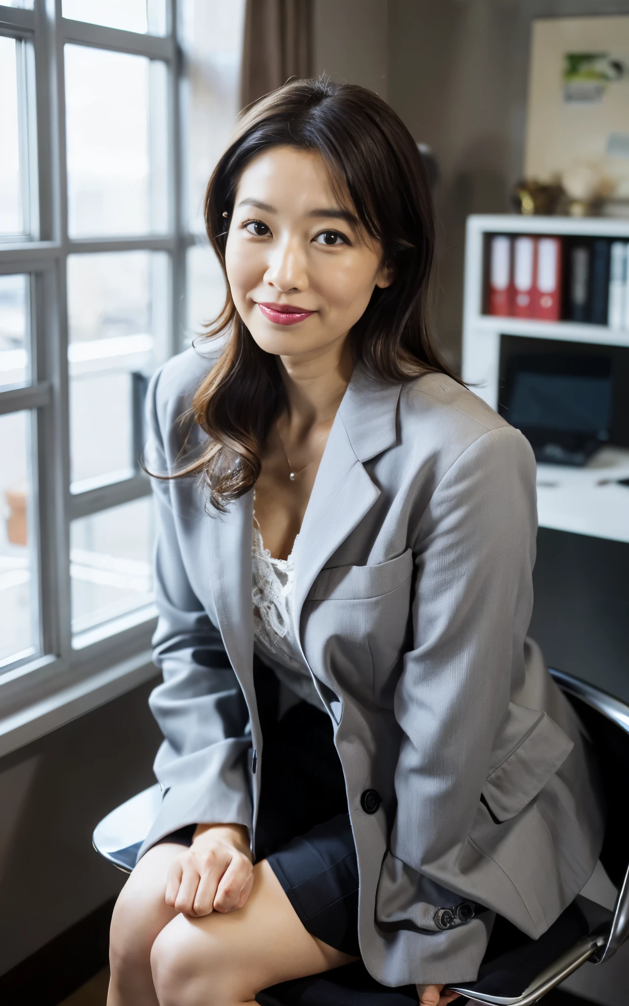 ((Best Quality, 8k, Masterpiece, Portrait: 1.3)), (looking at viewer),Photorealistic, Sharp Focus, glare, beautiful Japan Office Lady, gray blazer, white shirt, Clothes with big Cleavage View, 35 Years Old, Wavy Hair, ((double eyelid, eyelash, lip gloss)), (Wrinkles at the Corners of the Eyes:0.6), ((Sit with Open your legs wide on office chair:2, two knees up)), (loose waist:1), (Show Panties), (pubichair:1.5), (open mouth:0.7), (angry:0.5), ((open mouth:1)), Darkness Nobody Office Room,