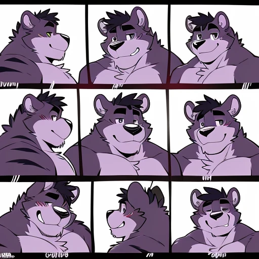 by takemoto arashi, (character expressions sheet, character busts, front view, side view, rear view), (1boy), solo, male anthro, kemono, (lavender bear), short purple Mohawk with white tips, dark stripes around chest, one dark purple stripe on back,(brown torso), (round face, big head, round ears), stocky, short stature, chubby, muscle, hunk, sexy, bara, handsome boy, (detailed hazel eyes), (masterpiece, high res, best quality), 4k, soft skin, warm color
