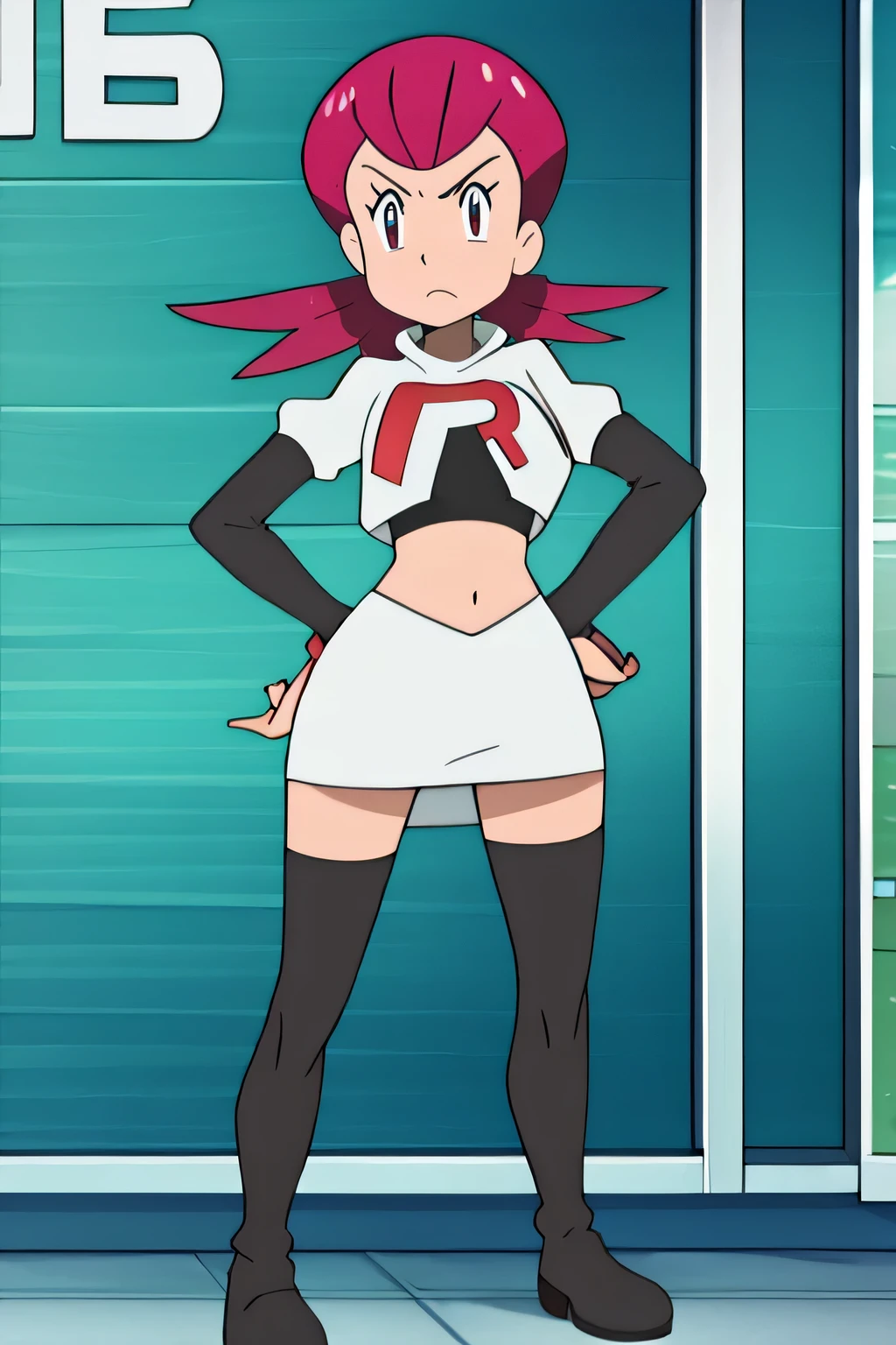 team rocket uniform, red letter r, white skirt,white crop top,black thigh-high boots, black elbow gloves, glaring angrily, looking at viewer, hands on hips, full body seen