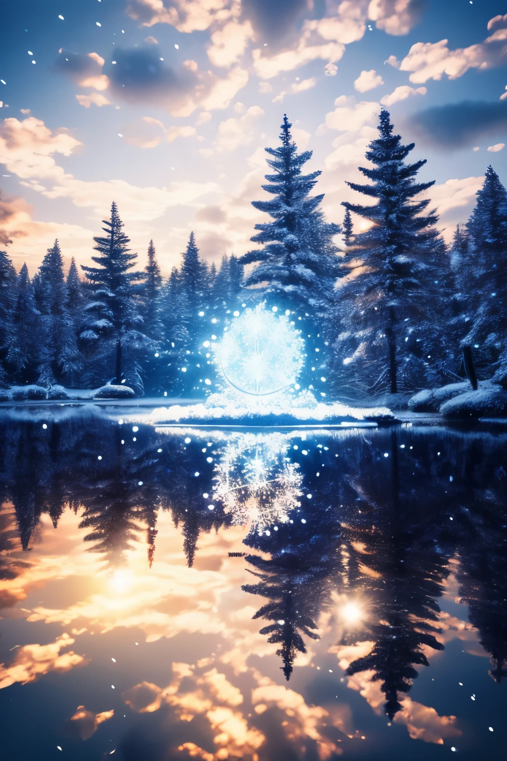 a big snowflake,mirror surface,reflection,couple,Past,winter,dream,anime,Exquisite,8k