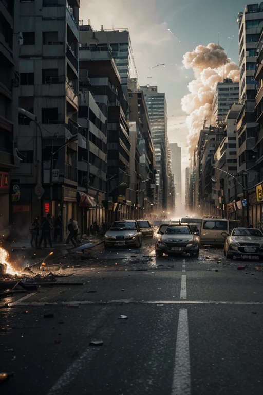 "Create a maximum quality image, full of advanced, realistic details, with a cinematic style that portrays an intense war scene in a city. Highlight the destruction caused by exploding bombs, enfocando nos escombros, flames and smoke that permeate the environment. Explore a riqueza de detalhes na arquitetura urbana, damaged vehicles and chaotic elements that arise during battle. Make sure you capture the tension and drama of the situation, with striking lighting and deep shadows to accentuate the atmosphere. Prioritize maximum quality to create an impactful and emotionally engaging visual representation of the war in the city."