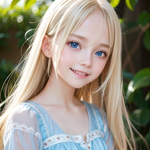shiny skin、 Very cute and beautiful face、Very shiny and beautiful skin、very beautiful and cute pale blue eyes、beautiful very long shiny silky blonde hair、（10 years old）、one small very beautiful cute girl、Beautiful cute bright look、Clear double eyelids、((Very happy smile))
