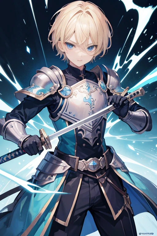 Wallpaper phone,8K quality,Exquisite facial features,exquisite eyes,best quality,Seven-doppelganger,anime characters,A ,handsome boy,Floy Gutierrez holds a blue shiny sword on the hilt, The sword is fixed to the ground in its resting position, Wearing blue armor, pair of fingerless gloves, The crotch is raised,blonde short hair, Upper body, male face, Cold and violent features, detailed facial features, high quality, masterpiece, blue eyes, Lightning in the background, anime art style