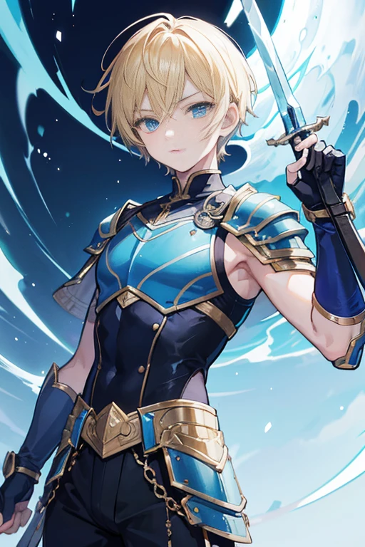 Wallpaper phone,8K quality,Exquisite facial features,exquisite eyes,best quality,Seven-doppelganger,anime characters,A 12-year-old boy,handsome boy,Floy Gutierrez holds a blue shiny sword on the hilt, The sword is fixed to the ground in its resting position, Wearing blue armor, pair of fingerless gloves, The crotch is raised,blonde short hair, Upper body, male face, Cold and violent features, detailed facial features, high quality, masterpiece, blue eyes, Lightning in the background, anime art style