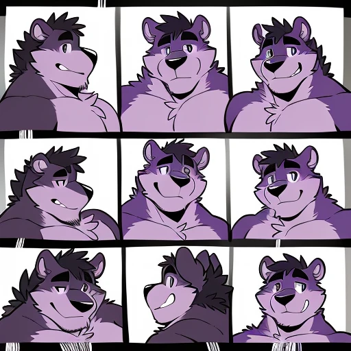by takemoto arashi, (character expressions sheet, character busts, front view, side view, rear view), (1boy), solo, male anthro, kemono, (lavender bear), short purple Mohawk with white tips, dark stripes around chest, one dark purple stripe on back, ((brown torso)), ((round face, big head, short ears)), stocky, short stature, chubby, muscle, hunk, sexy, bara, handsome boy, (detailed eyes), (masterpiece, high res, best quality), 4k, soft skin, warm color
