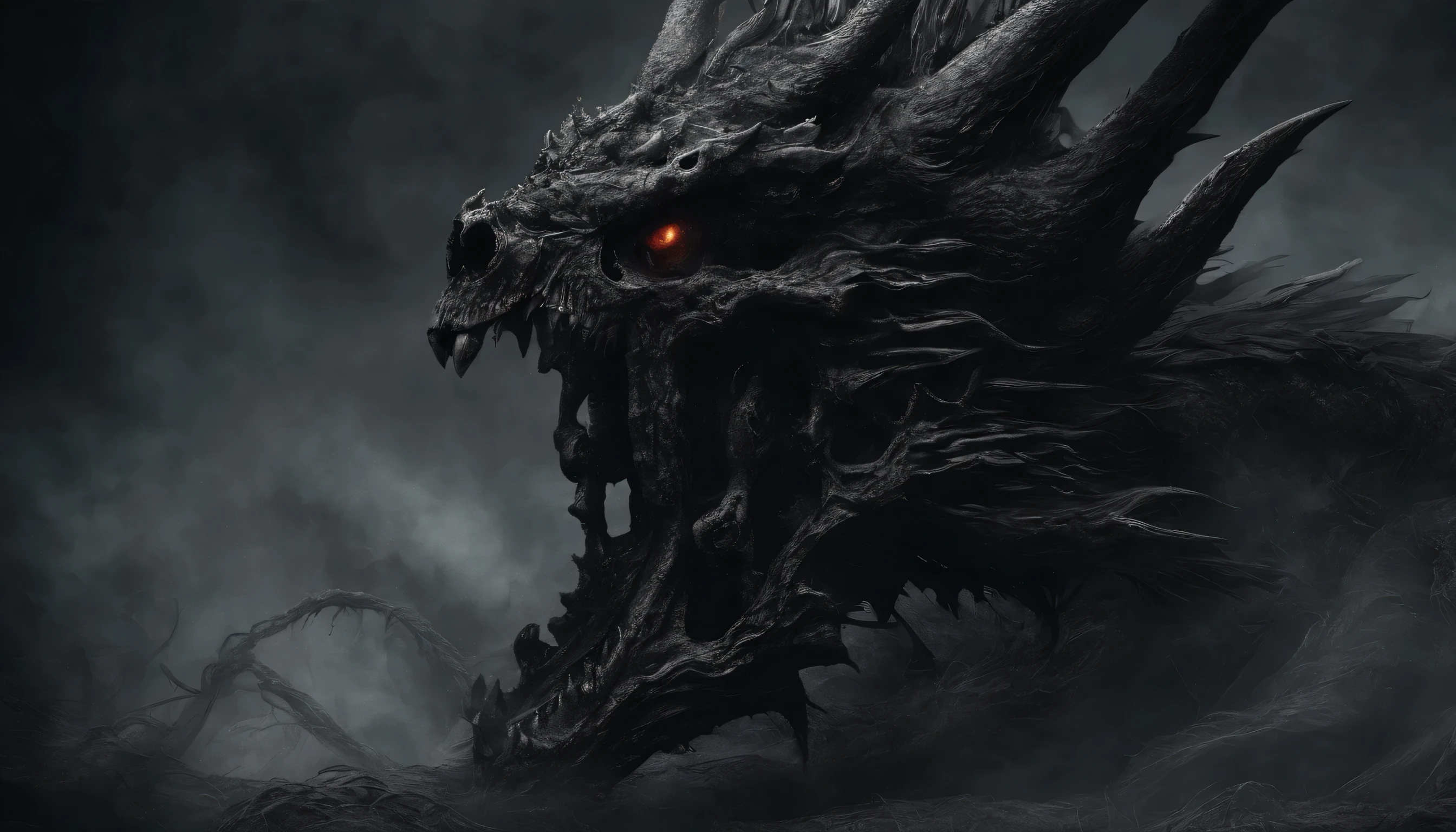 Black Skull Dragon, Criaturas misteriosas de otro mundo, scary atmosphere, fuego, humo, hiperrealismo, alta calidad, masutepiece