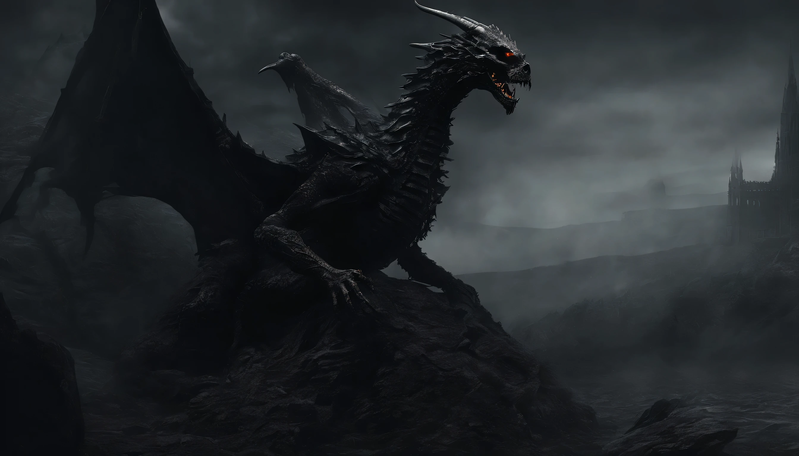 Black Skull Dragon, Criaturas misteriosas de otro mundo, scary atmosphere, fuego, humo, hiperrealismo, alta calidad, masutepiece