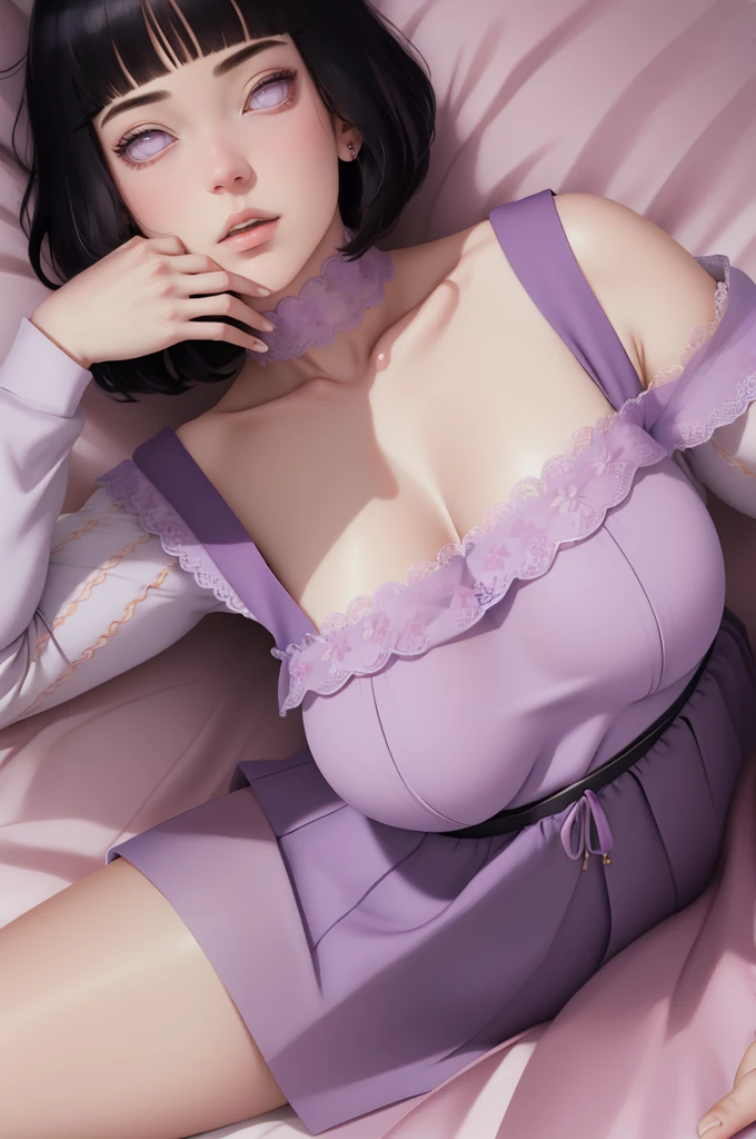 (masterpiece) (huge titusty, masterpiece, absurdres, hinata\(boruto\), 1girl, solo,mature female, off-shoulder bra, high waist short skirt, looking at viewelling petals), perfect composition, detailed lips, big breast, beautiful face, body propotion, blush, (pink lips), short hair, (black hair), purple eyes, soft gaze, super realistic, detailed, photoshoot, realistic face and body, closed mouth, laying on the bed , lilac eyes, full body, lace clothes,