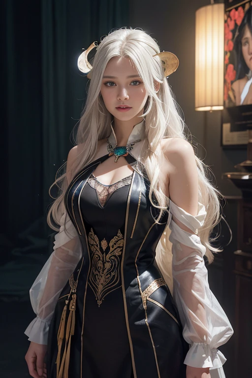 (Image above the chest)((masterpiece:1.5,Highest quality,Highly detailed images,Beautiful images、Realistic、Photorealistic、2.5D))(1girl, 独奏)(Adult women、large breasts, white hair, beautiful eyes、Beautiful cleavage)(Fantasy dresses、Fantasy Clothes、Black battle dress、black dress:1.5, Deep slit)(smile, wind, floating hair、walk)(bright、Soft lighting、Inside the castle、The King's Chamber）
