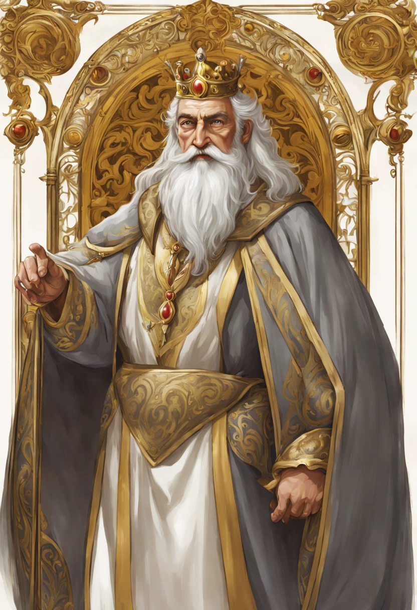 King with brownish grey hair middled aged a beard in white silver and golden royal robes he has brown eyes and is about 55