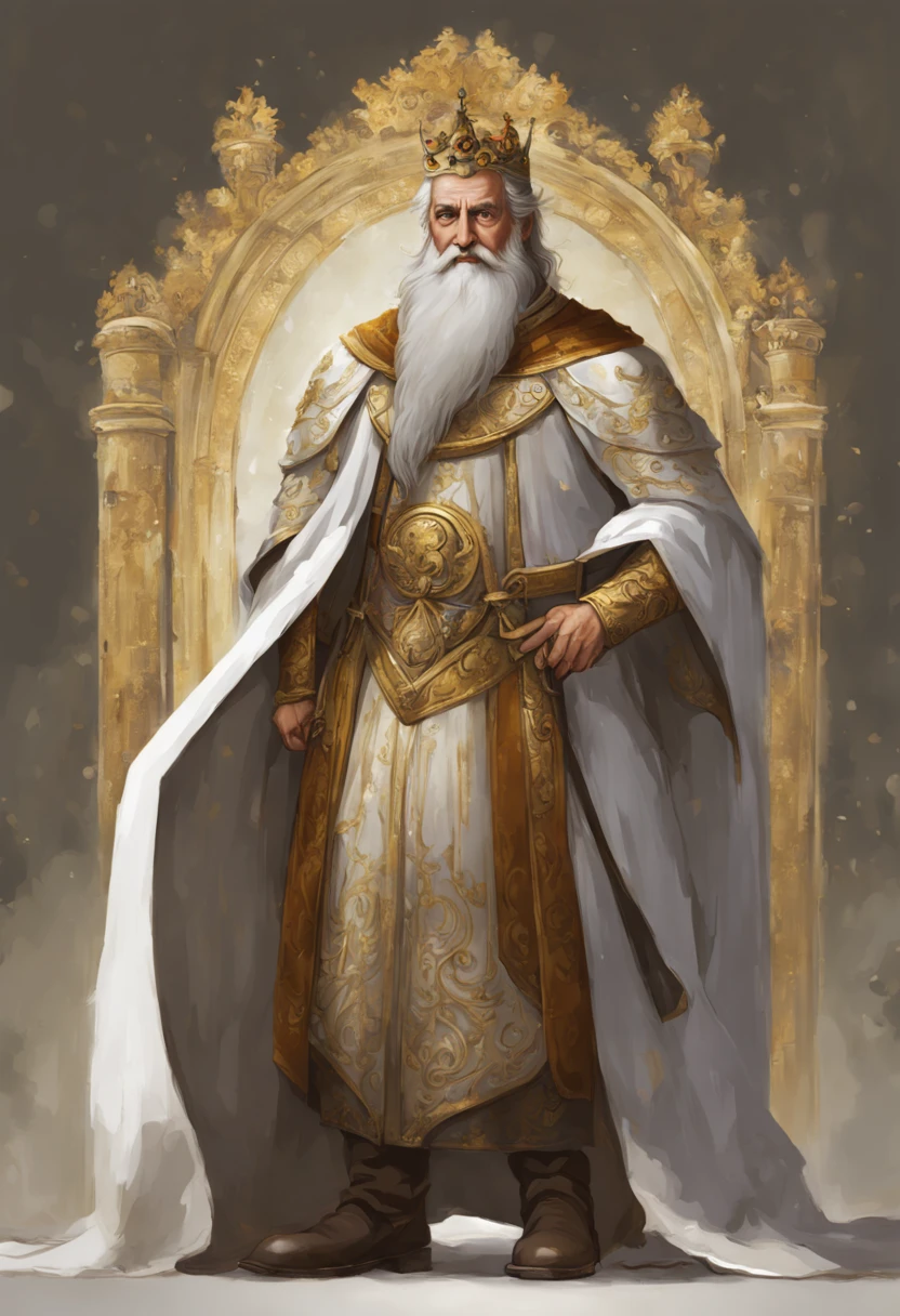 King with brownish grey hair middled aged a beard in white silver and golden royal robes he has brown eyes and is about 55