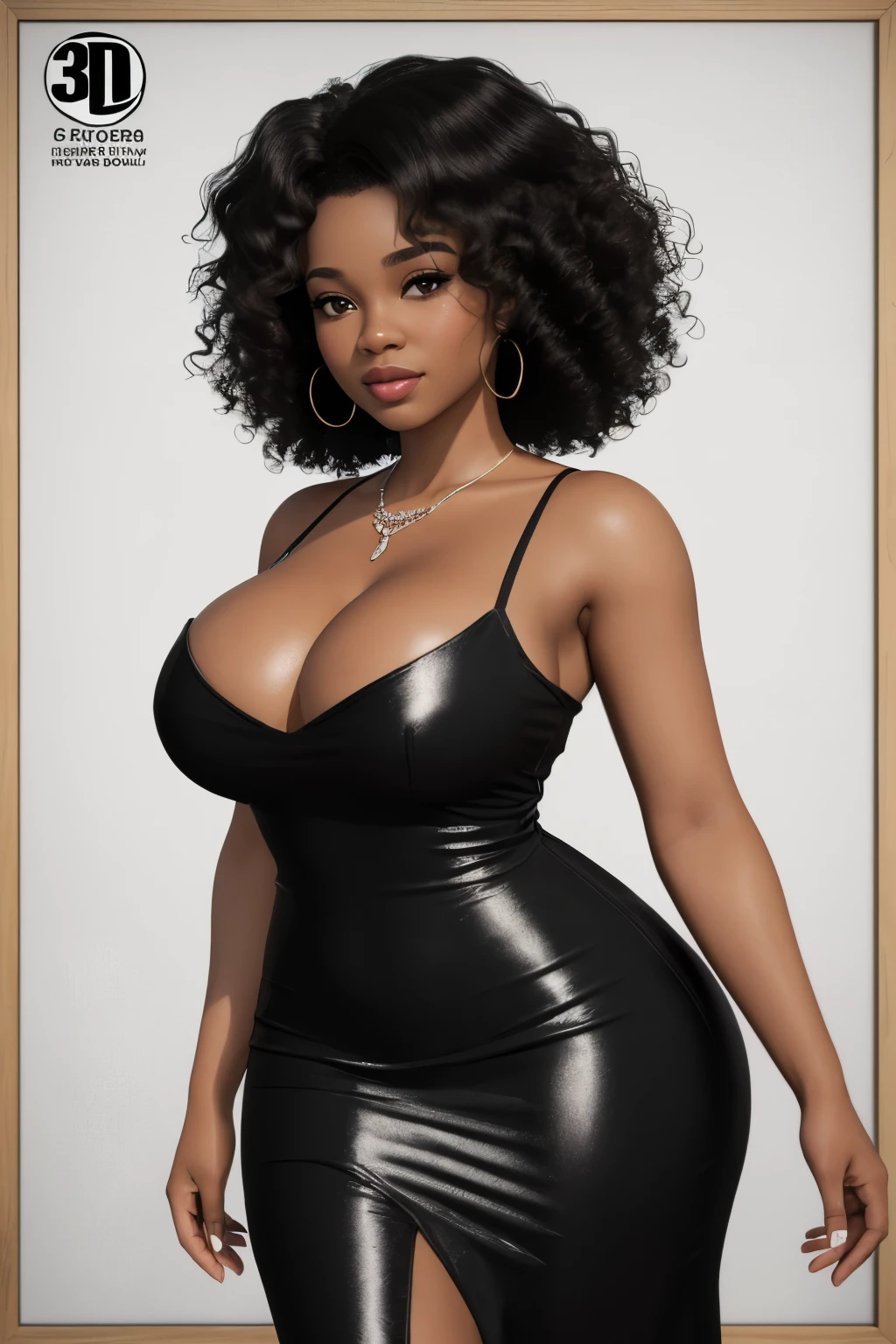 Create a 3D PIXAR illustration, background poster text "absolute blacks" woman 35 years old bright body, big cleavage, full lips, black eyes, low-cut outfit posing for a photo, a screenshot by Ella Guru, featured on instagram, tachysma, afro NATURAL CURLY REALISTIC, young black woman, hair PERFECT CURLS spread, young african woman with fair skin, curly hair,  INTERESTING woman, beautiful woman, ,curly black hair, stunning lady PERFECT curls and curves