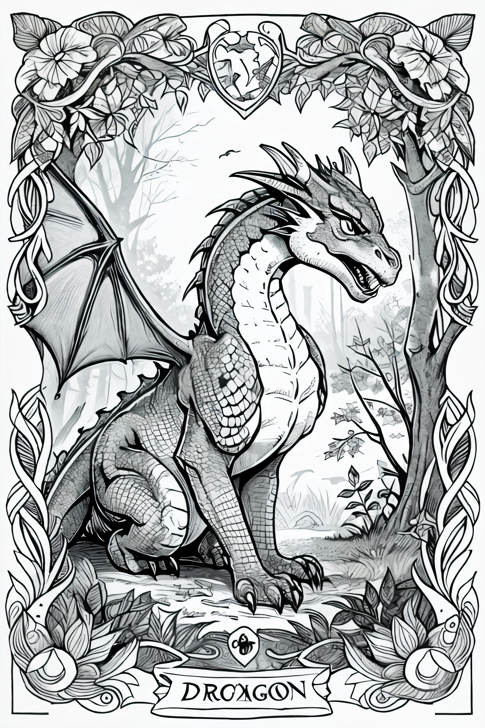 dragon in enchanted forest, coloring page, line art