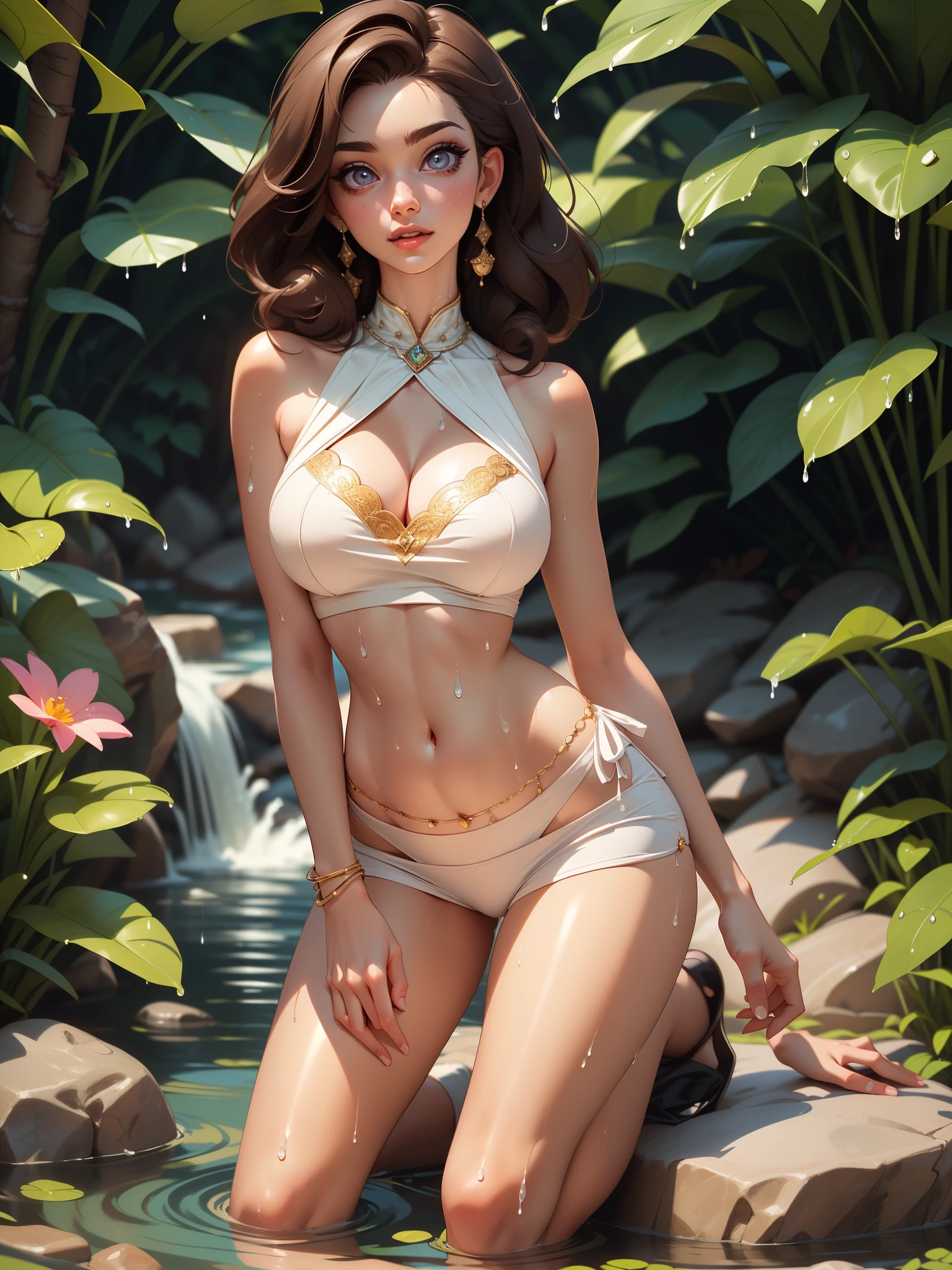 Princess Jasmine kneeling on a rock near a waterfall, looking at viewer, naked except for wet transparent white underwear, , 18 year old, perfect round breasts, sexy pose, both hands behind head, wet body, 1girl, enchanting look, sexy smile, jewelry, belly chain, full body, flower, earrings, makeup, border, (realistic:1.2), (realism), (masterpiece:1.2), (best quality), (ultra detailed), (8k, 4k, intricate),(full-body-shot:1), (85mm),light particles, lighting, (highly detailed:1.2),(detailed face:1.2), (gradients), nsfw, colorful,(detailed eyes:1.2)(detailed background),detailed landscape, (dynamic angle:1.2), (dynamic pose:1.2), (rule of third_composition:1.3), (Line of action:1.2)