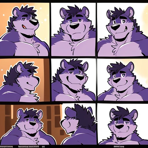 by takemoto arashi, (character expressions sheet, character busts, front view, side view, rear view), (1boy), solo, male anthro, kemono, (lavender bear), short purple Mohawk, white bangs, dark stripes around chest, one dark purple stripe on back, ((brown torso)), ((round face, big head, short ears)), stocky, short stature, chubby, muscle, hunk, sexy, bara, handsome boy, (detailed eyes), (masterpiece, high res, best quality), 4k, soft skin, warm color