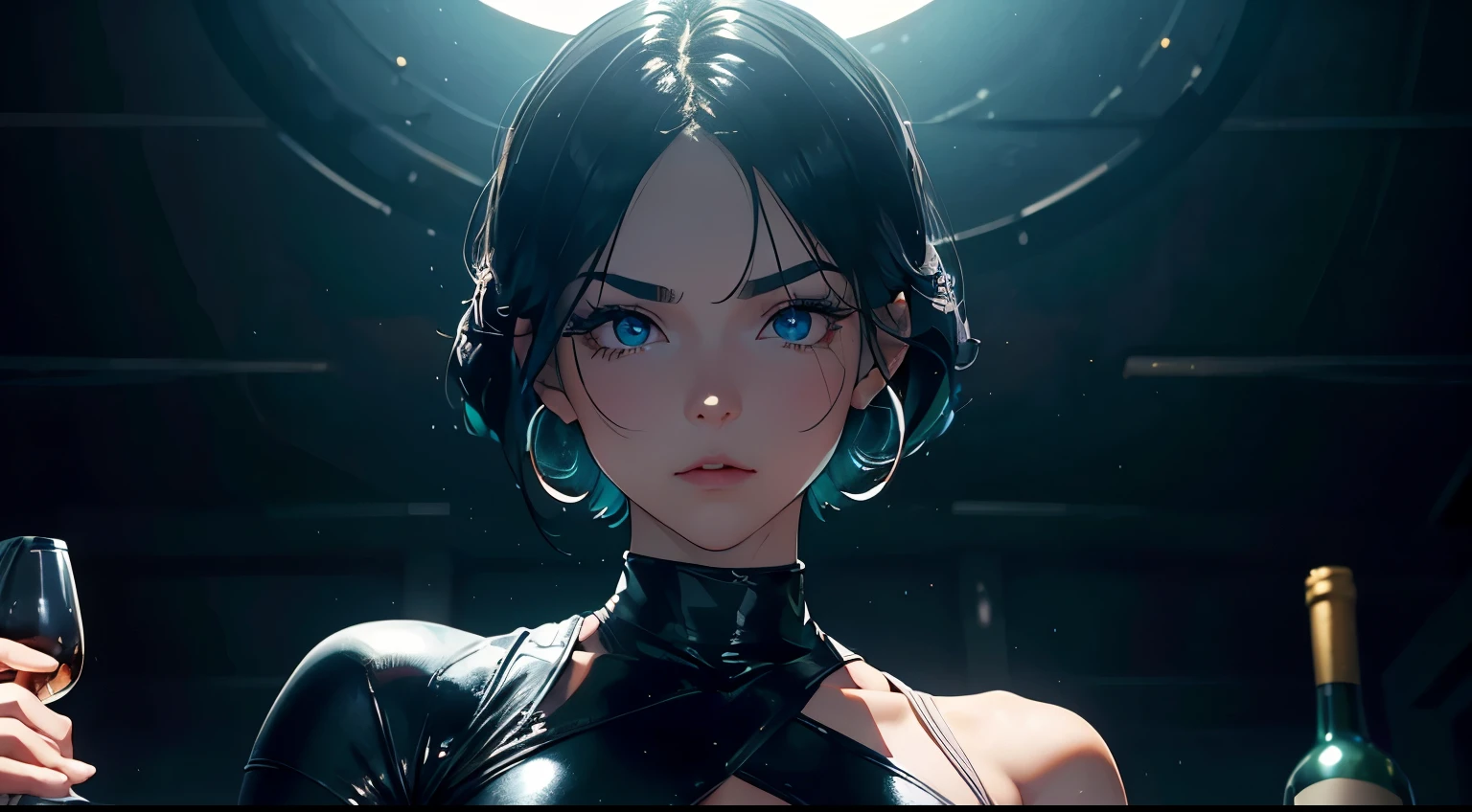 4K, A high resolution, Best quality at best, tmasterpiece, perfect colors, perfect shadow, perfect litthing, ((sportrait)), fit-muscled body, bright green eyes,dark blue hair , blue eyes, With round lenses, The audience watched carefully, (s face: 1.2), Perfect female figure,,standing, ((Tight crop top leather suit)), ((shy and looking at viewert)), (Perfect thick white eyebrows) Delicate fur, 详细s face, s the perfect face, At a in an underground dance club , (Drink a glass of wine while standing), Comfortable background, perfect decoration, lighting atmosphere, ((Bonifasko lighting)), (The round lenses on his eyes)(詳細な目), Perfect student