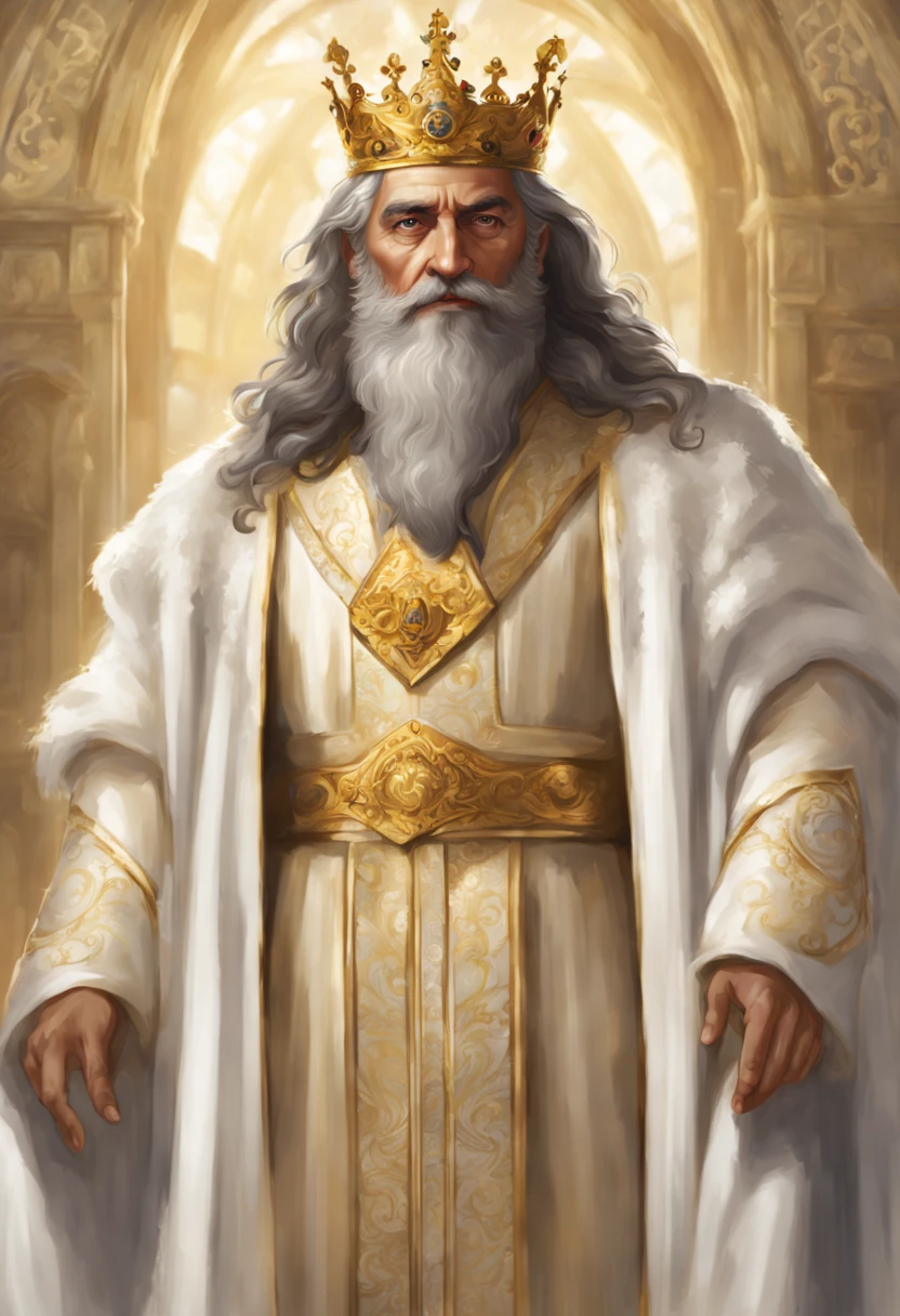 King with brow hair middled aged a beard in white silve and golden royal robes he has brown eyes and is about 55