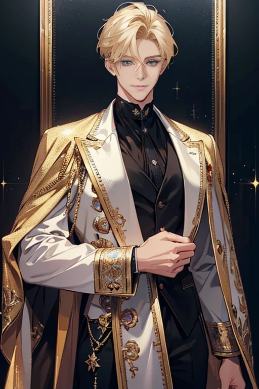 {(best quality, 8k, masterpiece, HDR, soft lighting, perfect image, digital illustration, manhwa art, hyper detailed image, perfect lines, realistic)} 1 very handsome man, short blonde hair, blue eyes, luxurious clothes (imposing posture, smiling), {(black background with golden sparkles)}